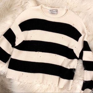 black white stripe distressed sweater